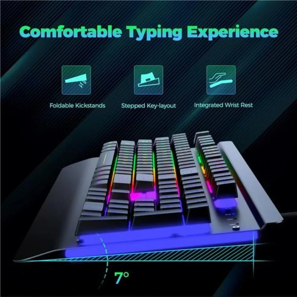 Gaming Keyboard, 104 Keys All-Metal Panel, Rainbow LED Backlit Quiet Keyboard